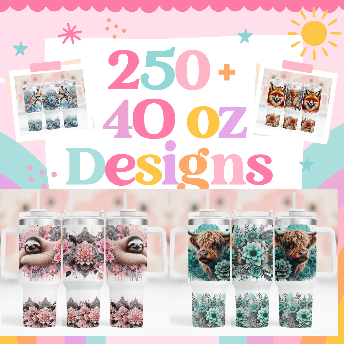 250+ Sublimation PNGs for 40oz Tumbler with Handle – Animals Print File Bundle