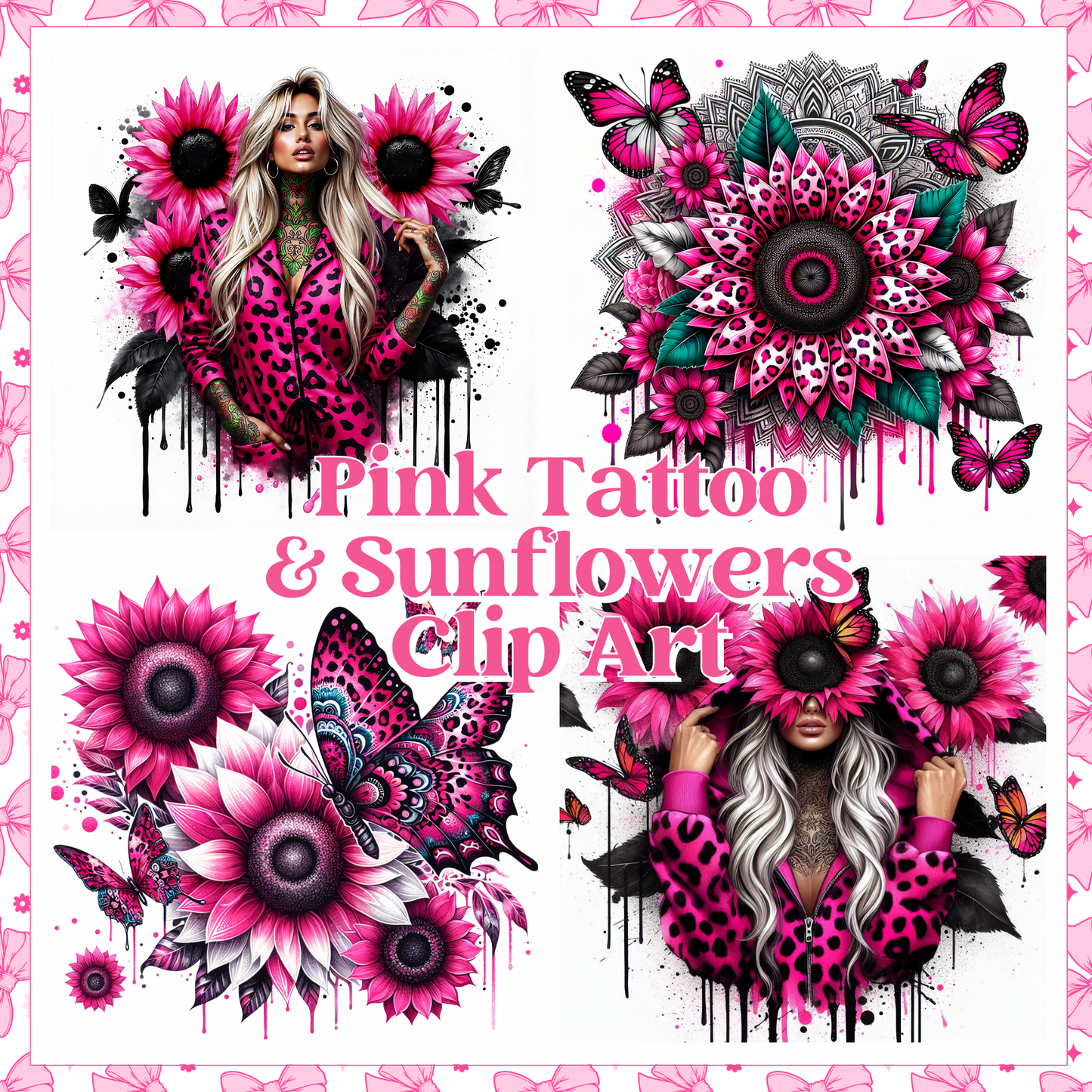 Pink Tattoo Girls & Sunflowers - Clip Art - Digital Download