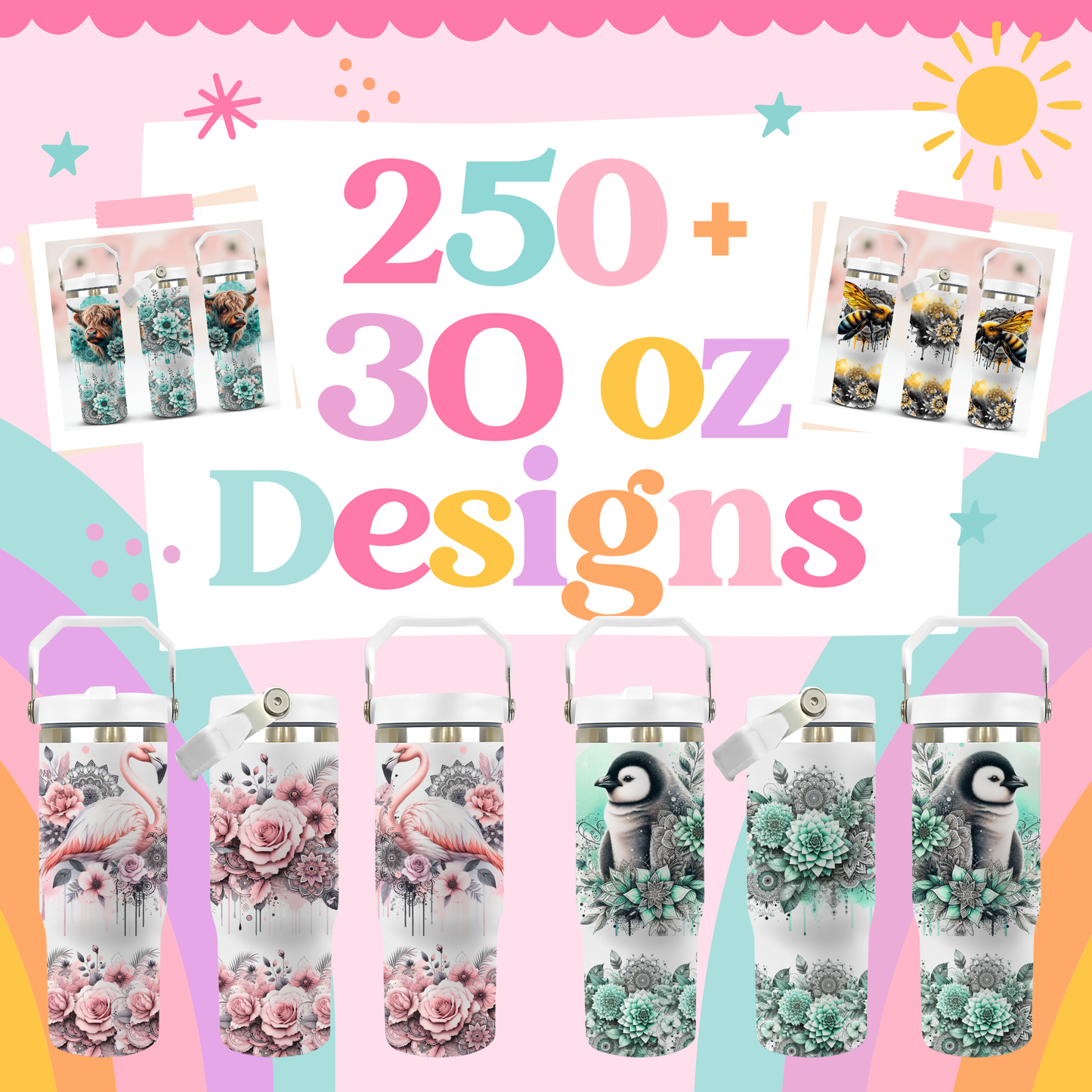 250+ Sublimation PNGs for 30oz Tumbler with Handle – Animals Print File Bundle