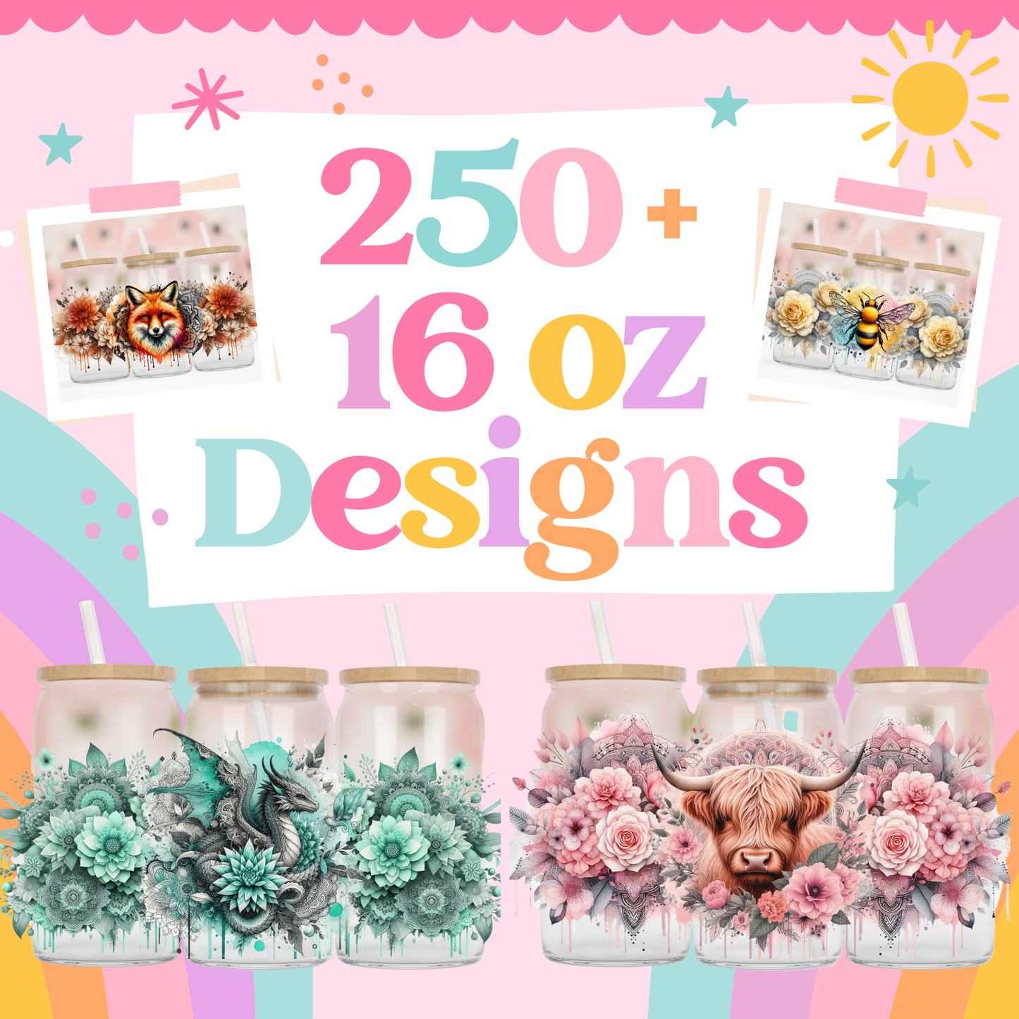 250+ Sublimation PNGs for 16oz Libbey Can Wrap – Animals Print File Bundle