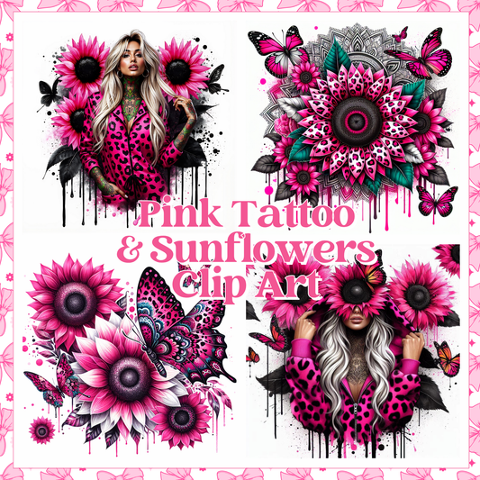 Pink Tattoo Girls & Sunflowers  - Clip Art - Digital Download