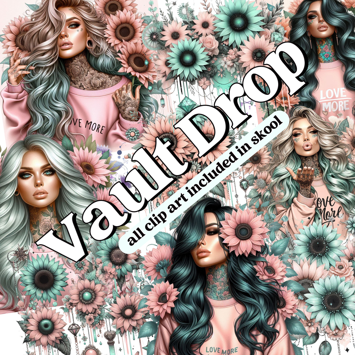 Mint & Blush Tattoo Girls Clip Art Digital Download