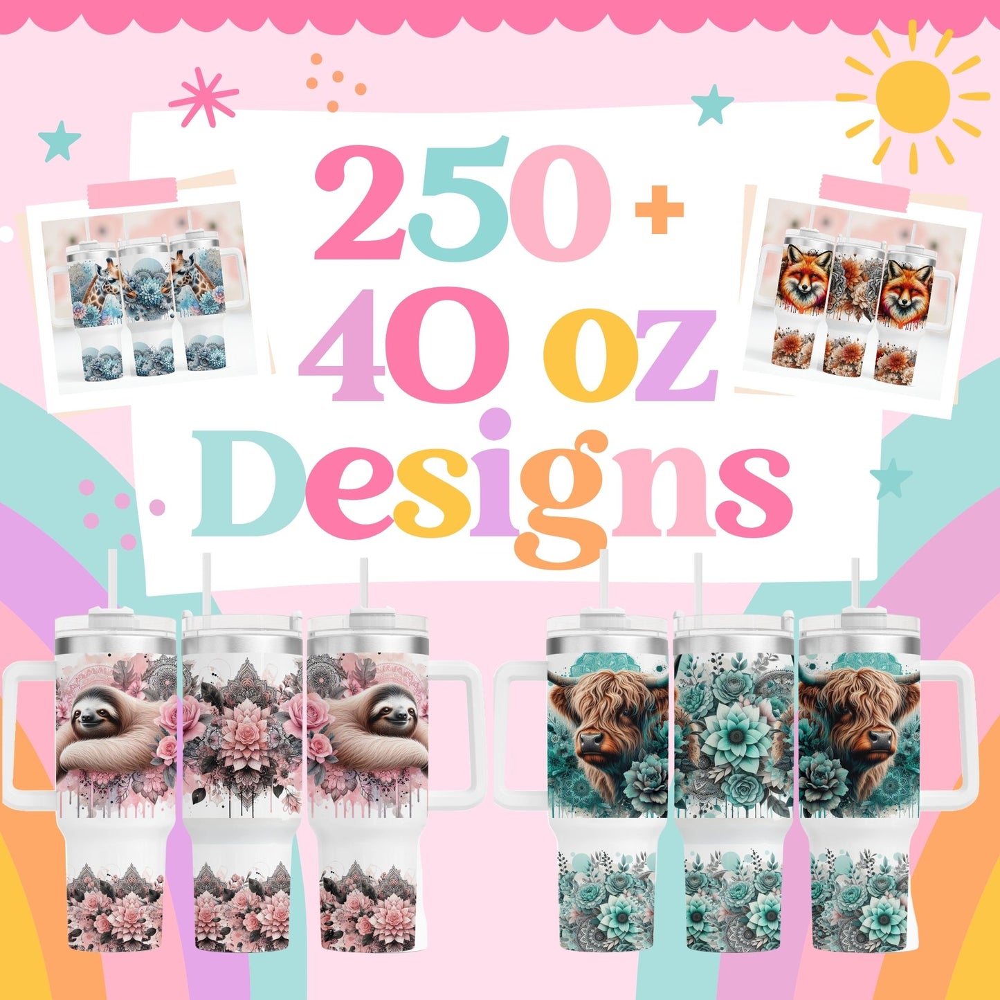 250+ Sublimation PNGs for 40oz Tumbler with Handle – Animals Print File Bundle