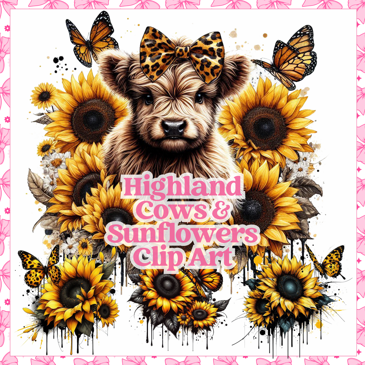 Highland Cows & Sunflowers - Clip Art - Digital Download