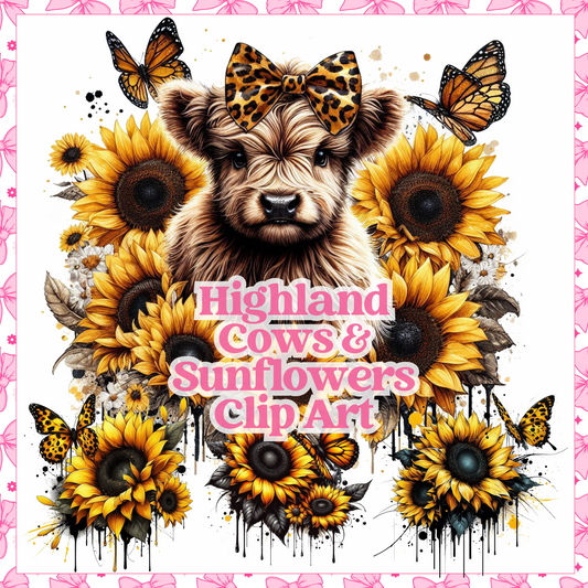 Highland Cows & Sunflowers - Clip Art - Digital Download
